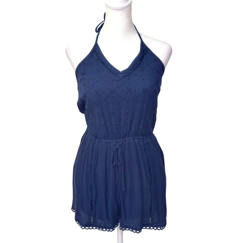 Hollister Eyelet Halter‎ Romper Womens XS Navy Blue Boho Crochet Trim